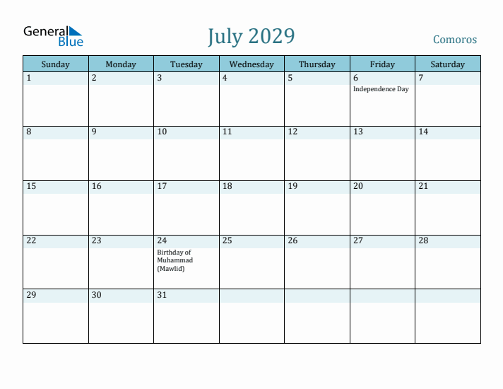 July 2029 Calendar with Holidays