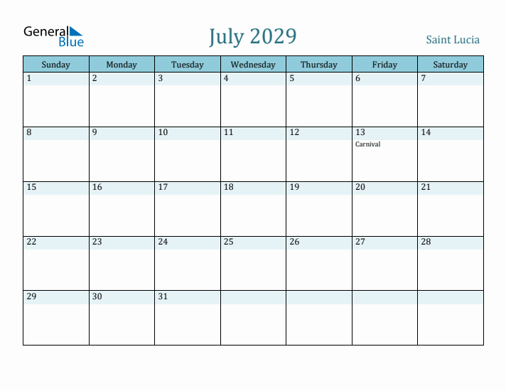 July 2029 Calendar with Holidays