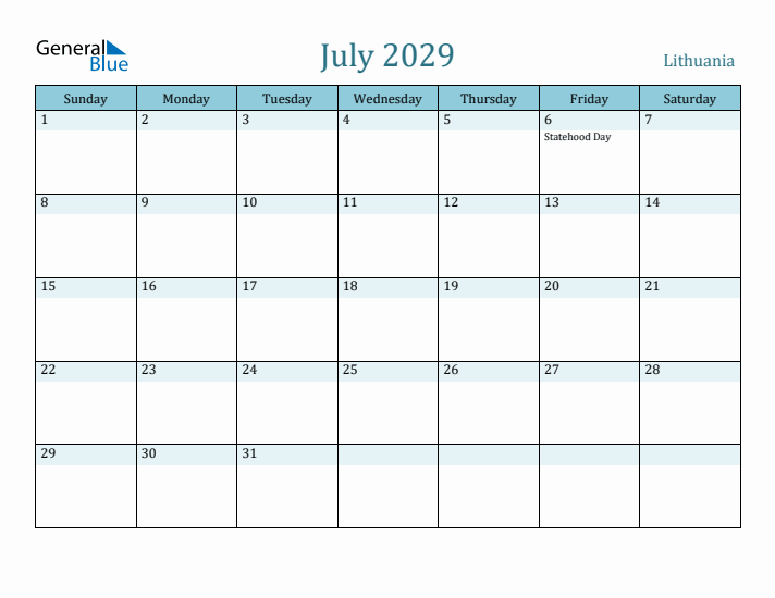 July 2029 Calendar with Holidays