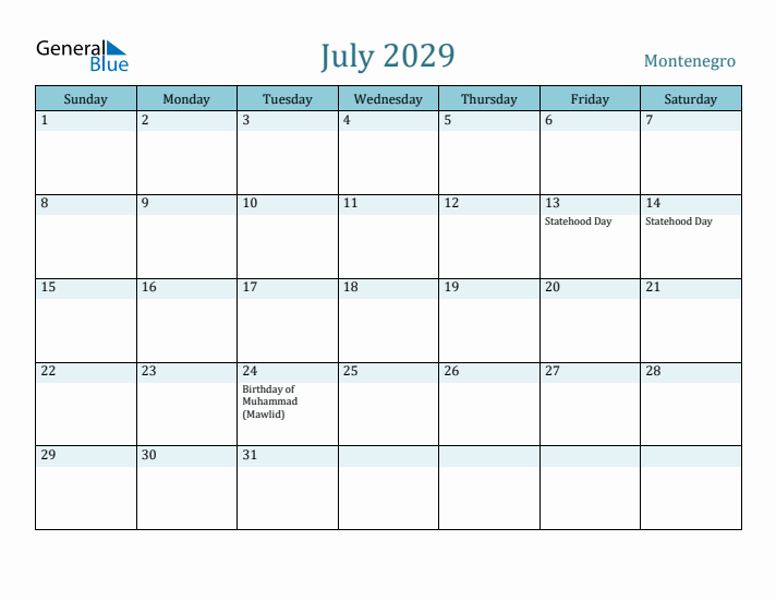 July 2029 Calendar with Holidays