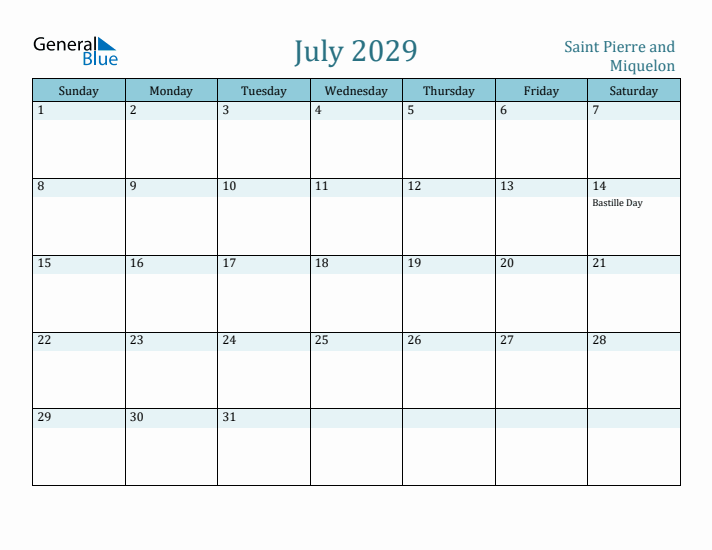 July 2029 Calendar with Holidays