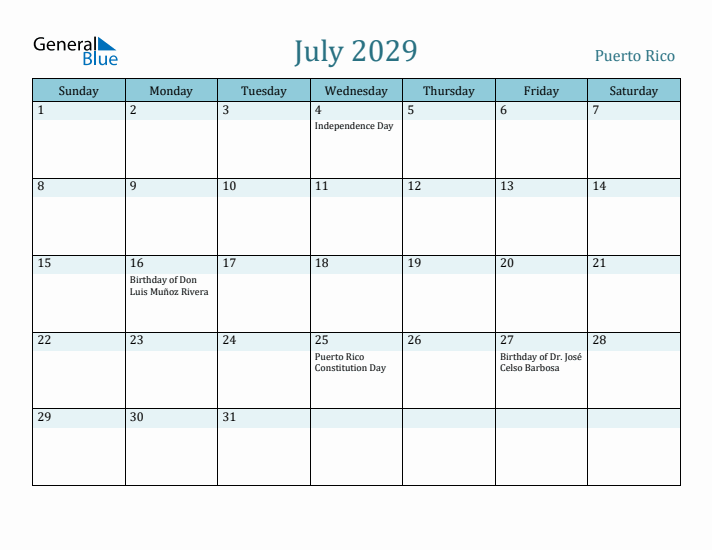 July 2029 Calendar with Holidays