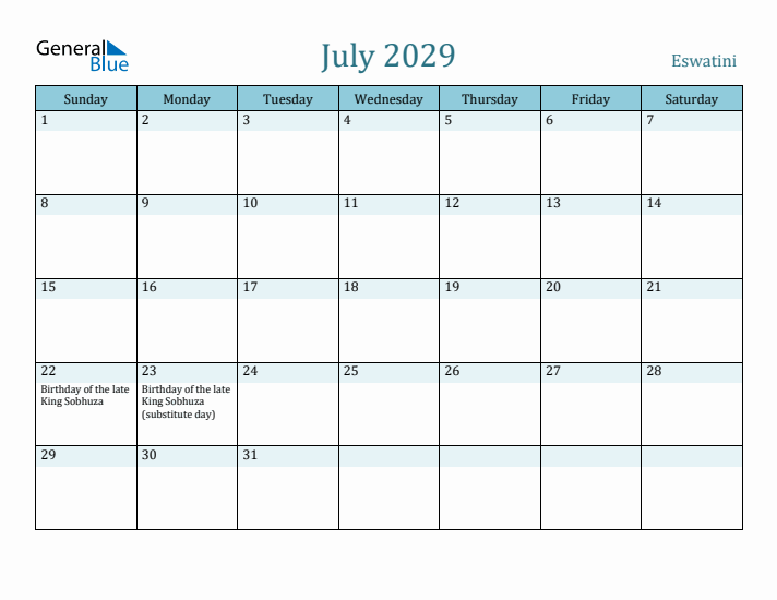 July 2029 Calendar with Holidays