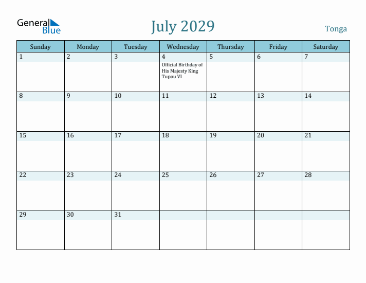 July 2029 Calendar with Holidays