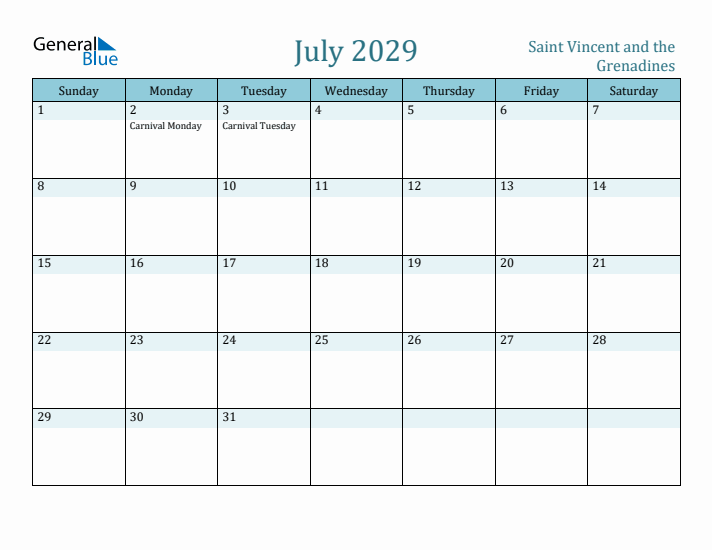July 2029 Calendar with Holidays