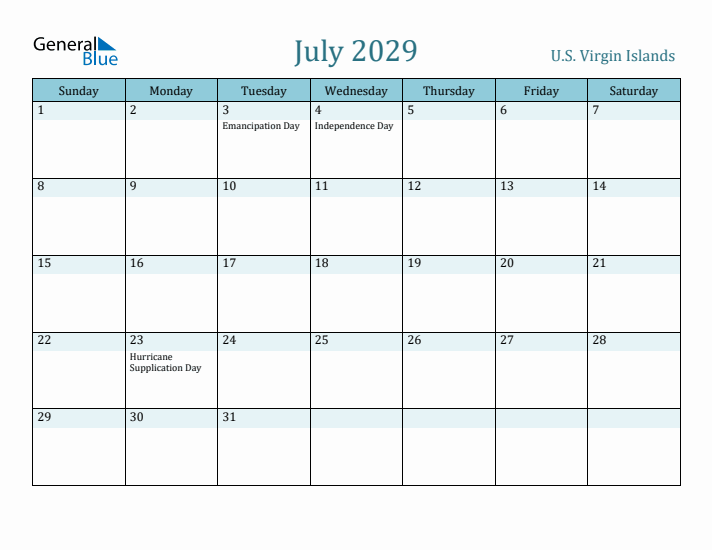 July 2029 Calendar with Holidays