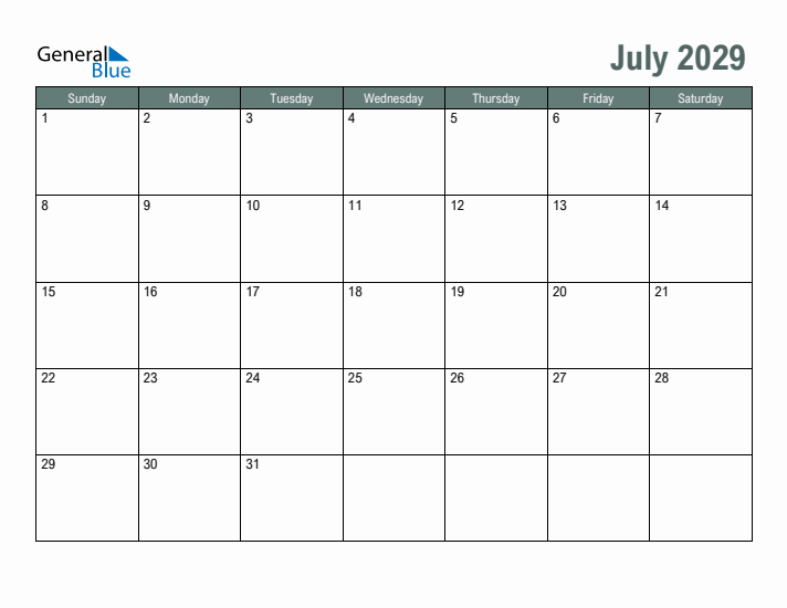 Free Printable July 2029 Calendar