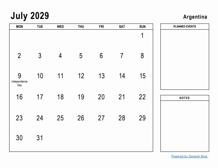July 2029 Printable Monthly Calendar with Argentina Holidays