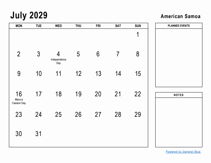 July 2029 Printable Monthly Calendar with American Samoa Holidays