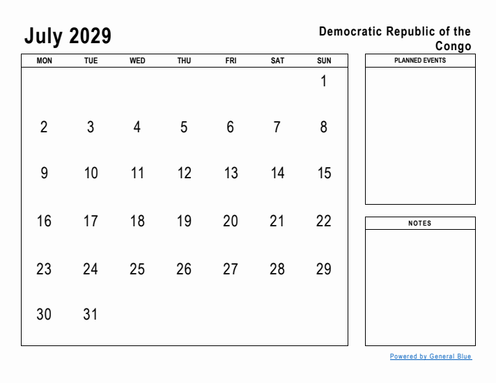 July 2029 Printable Monthly Calendar with Democratic Republic of the Congo Holidays