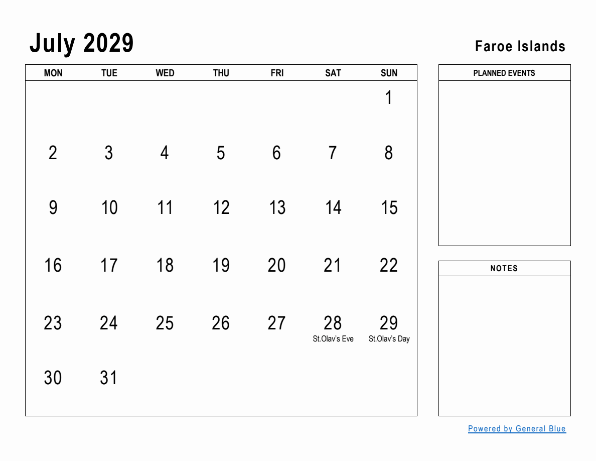 July 2029 Planner with Faroe Islands Holidays (Monday Start)
