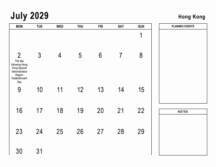 July 2029 Printable Monthly Calendar with Hong Kong Holidays