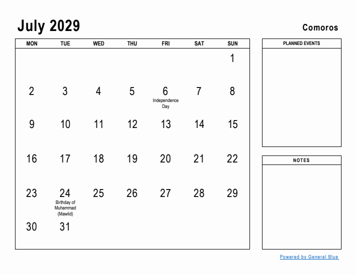 July 2029 Printable Monthly Calendar with Comoros Holidays