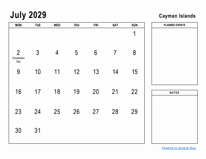 July 2029 Printable Monthly Calendar with Cayman Islands Holidays
