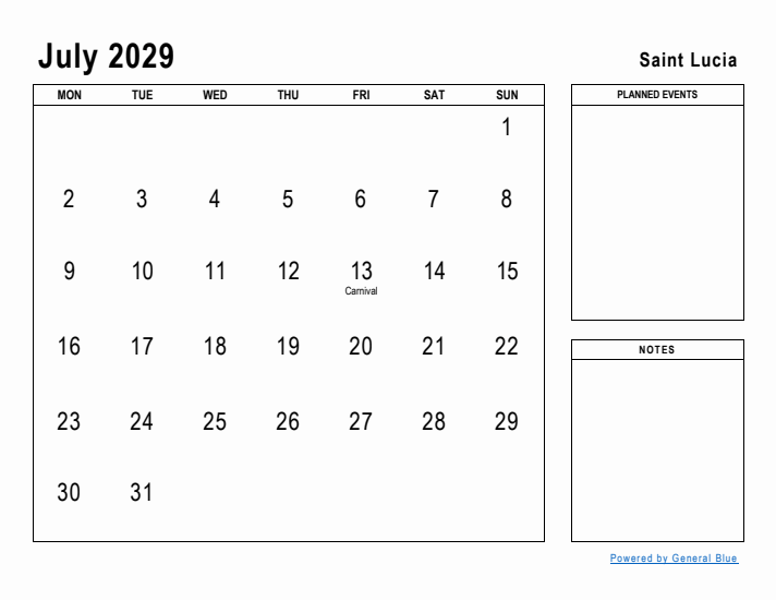July 2029 Printable Monthly Calendar with Saint Lucia Holidays