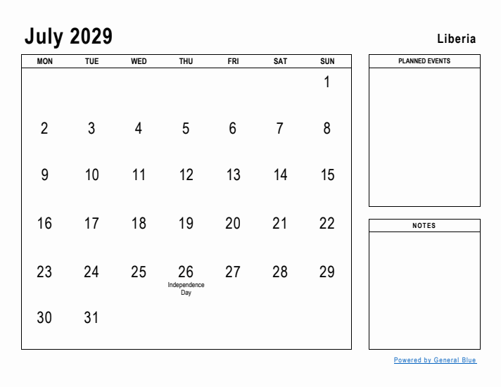 July 2029 Printable Monthly Calendar with Liberia Holidays