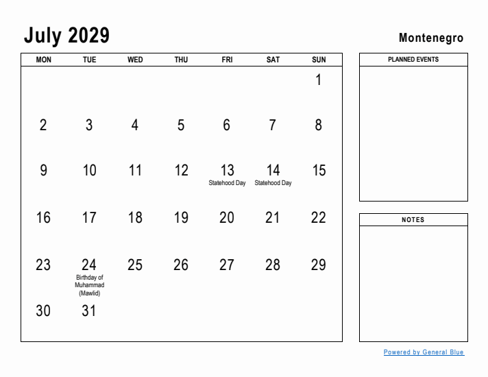 July 2029 Printable Monthly Calendar with Montenegro Holidays