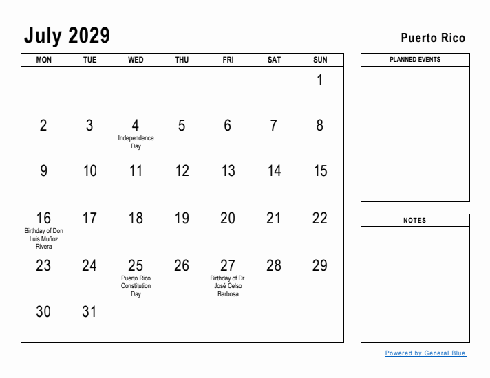 July 2029 Printable Monthly Calendar with Puerto Rico Holidays