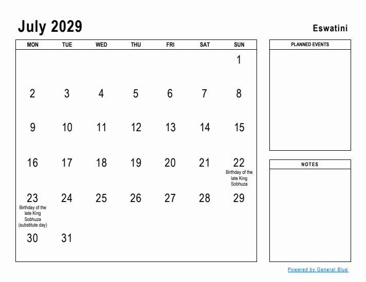 July 2029 Printable Monthly Calendar with Eswatini Holidays