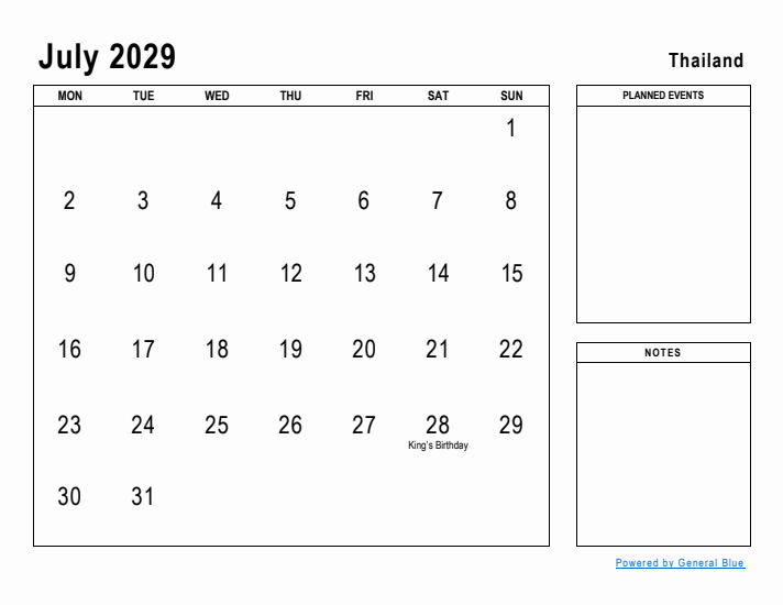 July 2029 Printable Monthly Calendar with Thailand Holidays