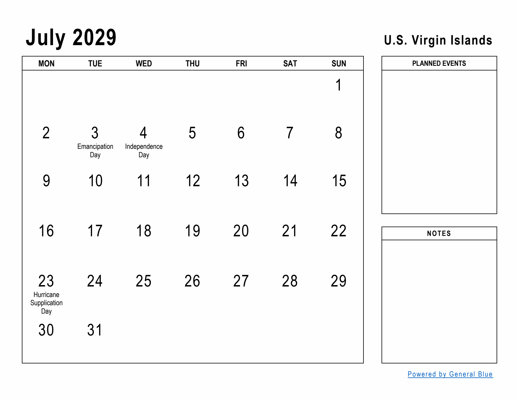 July 2029 Printable Monthly Calendar with U.S. Virgin Islands Holidays