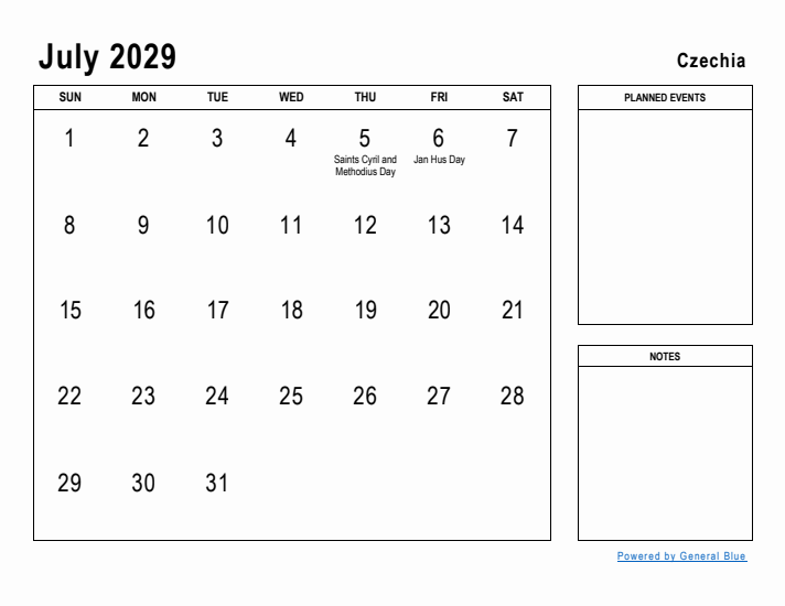 July 2029 Printable Monthly Calendar with Czechia Holidays
