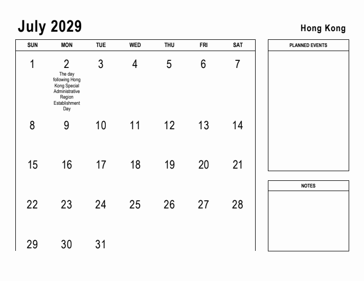 July 2029 Printable Monthly Calendar with Hong Kong Holidays