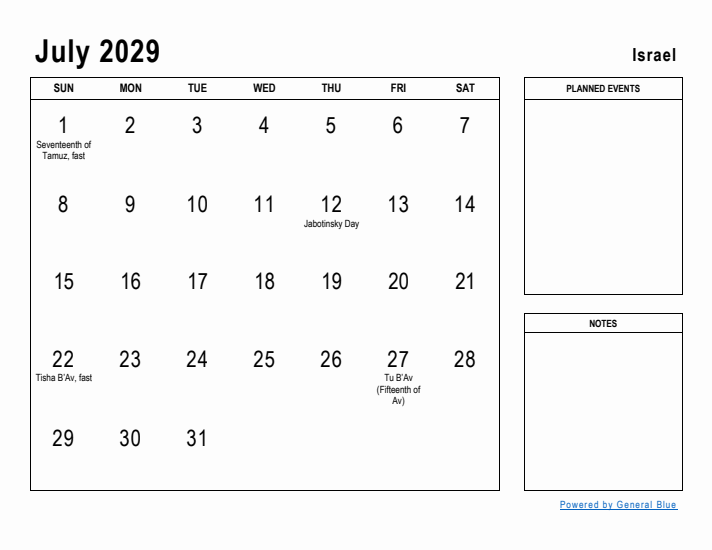 July 2029 Printable Monthly Calendar with Israel Holidays