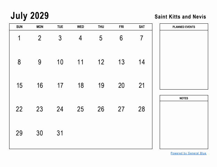 July 2029 Printable Monthly Calendar with Saint Kitts and Nevis Holidays