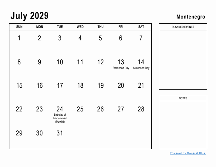 July 2029 Printable Monthly Calendar with Montenegro Holidays