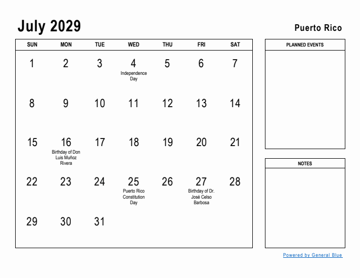 July 2029 Printable Monthly Calendar with Puerto Rico Holidays