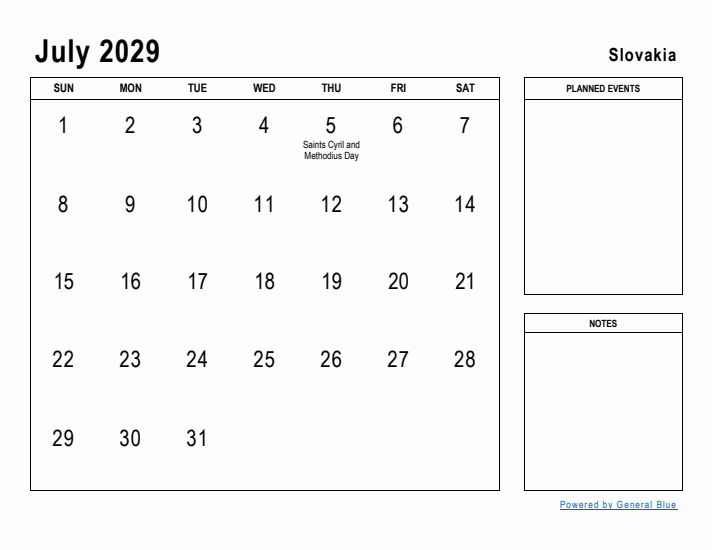 July 2029 Printable Monthly Calendar with Slovakia Holidays