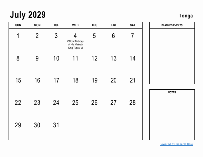 July 2029 Printable Monthly Calendar with Tonga Holidays