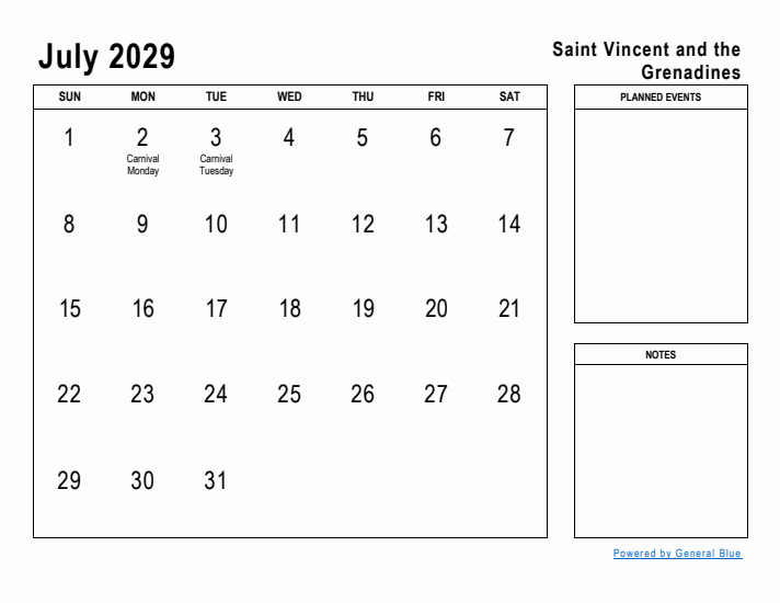 July 2029 Printable Monthly Calendar with Saint Vincent and the Grenadines Holidays