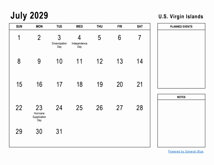 July 2029 Printable Monthly Calendar with U.S. Virgin Islands Holidays