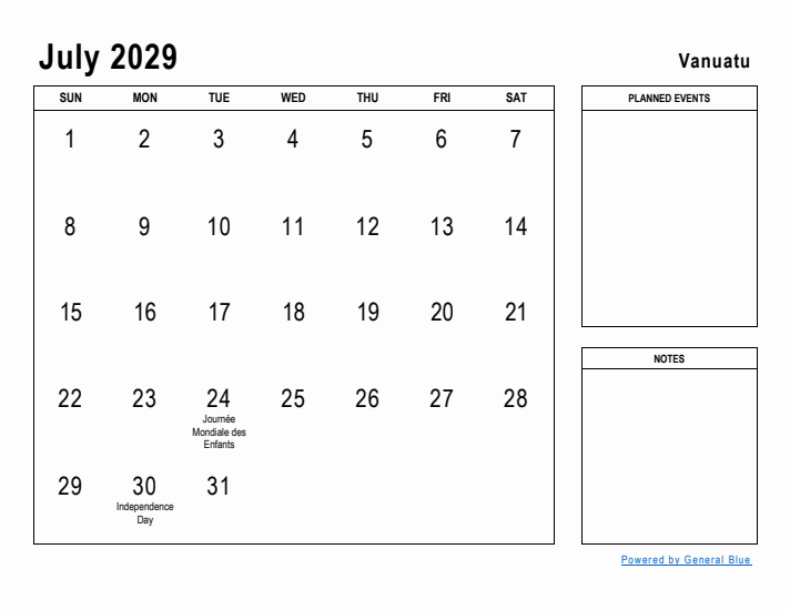 July 2029 Printable Monthly Calendar with Vanuatu Holidays