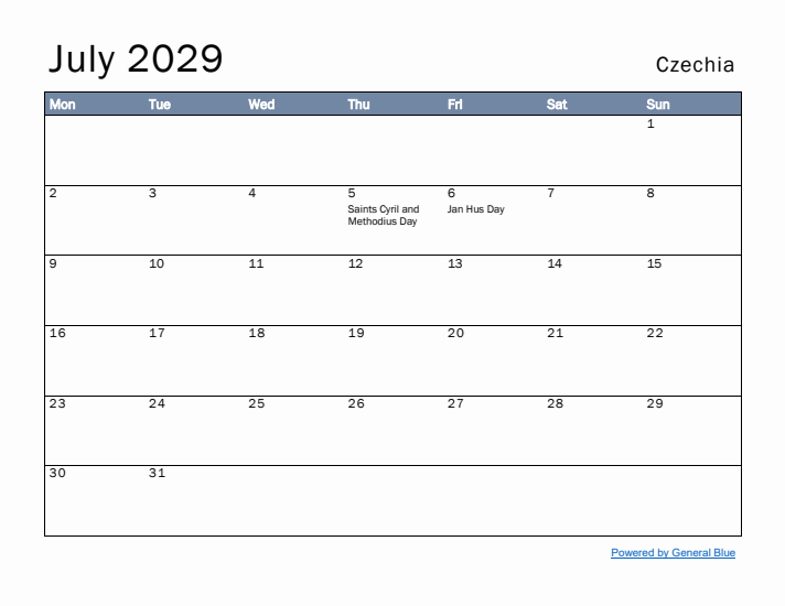 July 2029 Simple Monthly Calendar for Czechia