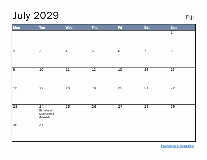 July 2029 Simple Monthly Calendar for Fiji
