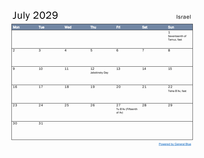July 2029 Simple Monthly Calendar for Israel