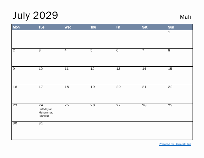 July 2029 Simple Monthly Calendar for Mali