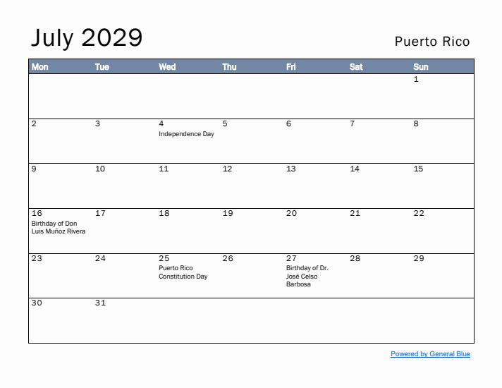 July 2029 Simple Monthly Calendar for Puerto Rico