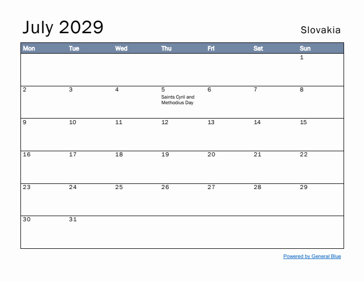 July 2029 Simple Monthly Calendar for Slovakia