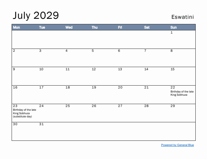 July 2029 Simple Monthly Calendar for Eswatini