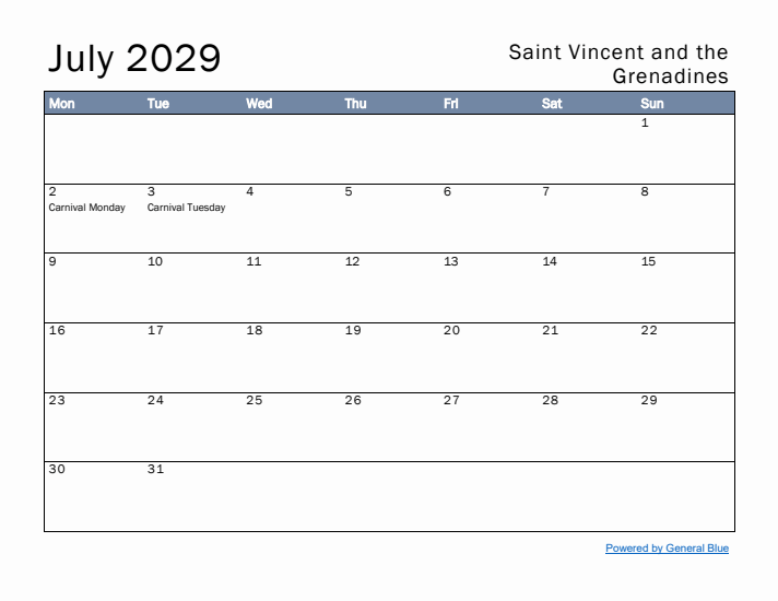 July 2029 Simple Monthly Calendar for Saint Vincent and the Grenadines