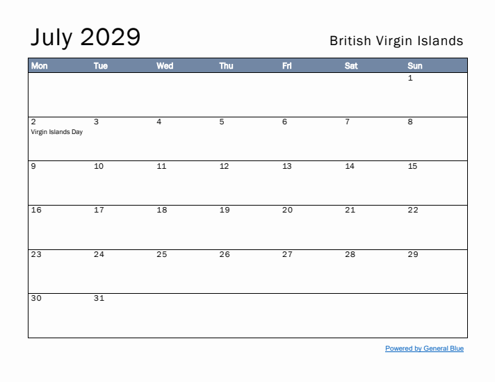 July 2029 Simple Monthly Calendar for British Virgin Islands