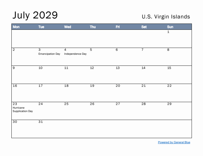 July 2029 Simple Monthly Calendar for U.S. Virgin Islands