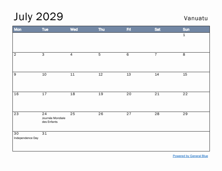 July 2029 Simple Monthly Calendar for Vanuatu