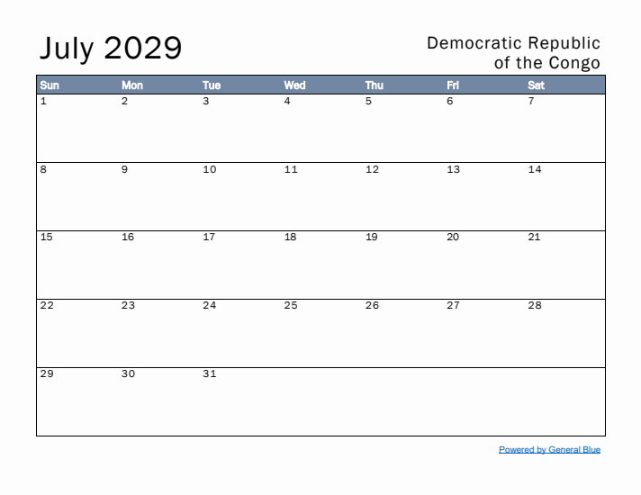July 2029 Simple Monthly Calendar for Democratic Republic of the Congo