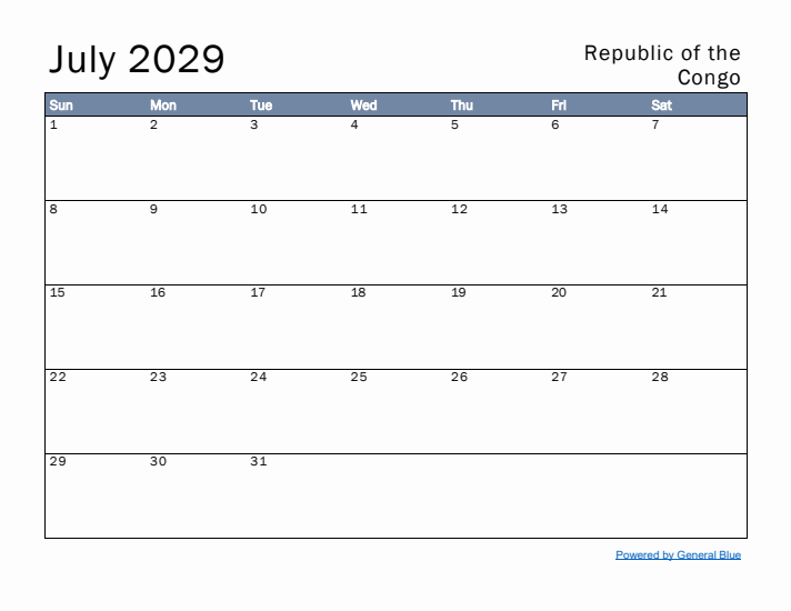 July 2029 Simple Monthly Calendar for Republic of the Congo