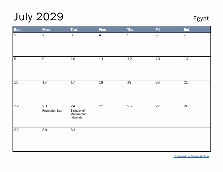 July 2029 Simple Monthly Calendar for Egypt